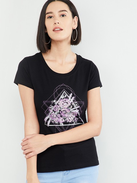 

max Women Black Printed Round Neck T-shirt
