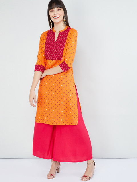 

max Women Orange & Pink Printed Straight Kurta