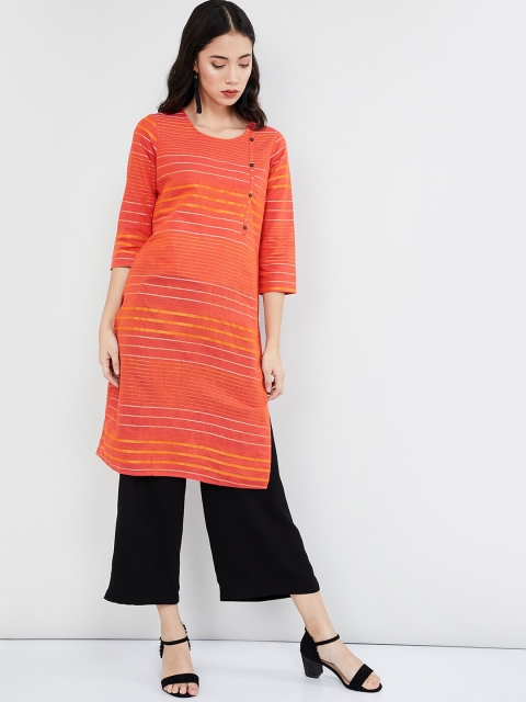 max Women Orange & Gold-Coloured Striped Straight Kurta