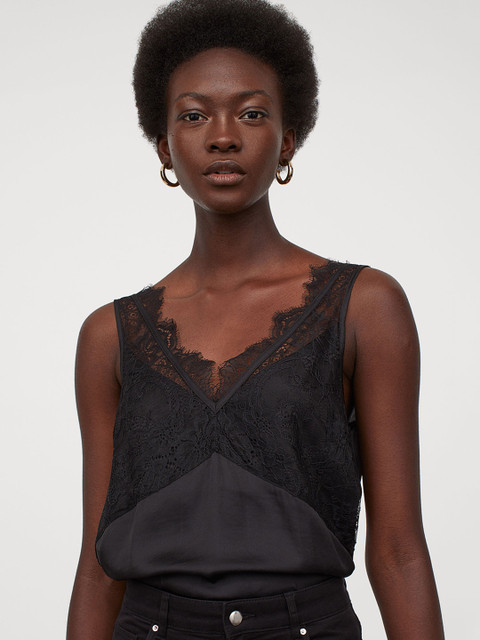 

H&M Women Black Lace-Detail Satin Top
