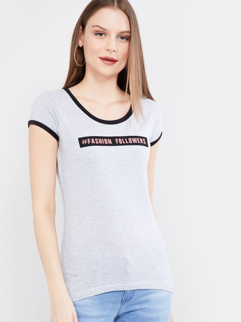 

max Women Grey Printed Round Neck T-shirt