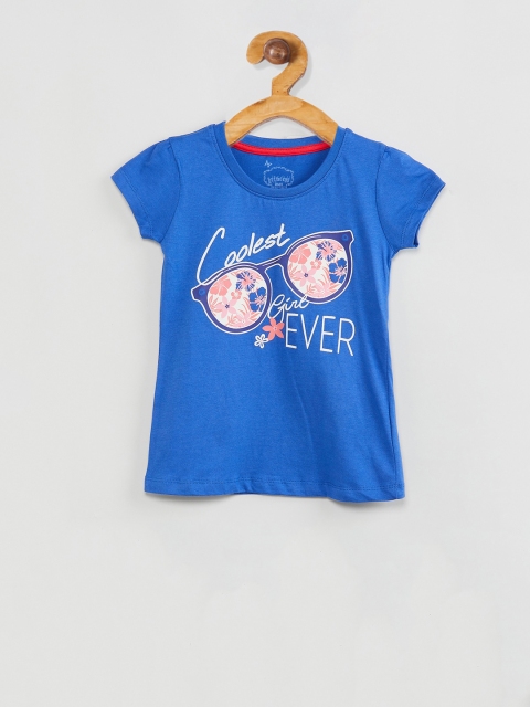 

max Girls Blue Printed Round Neck T-shirt