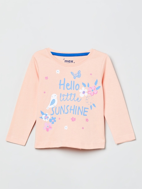max Girls Peach-Coloured Printed Round Neck T-shirt