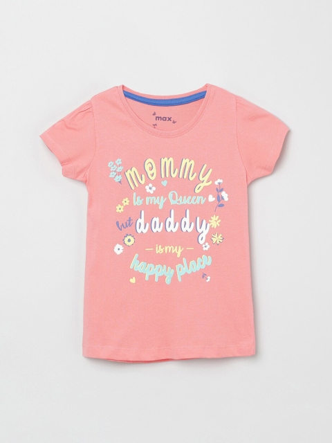 

max Girls Peach-Coloured Printed Round Neck Pure Cotton T-shirt