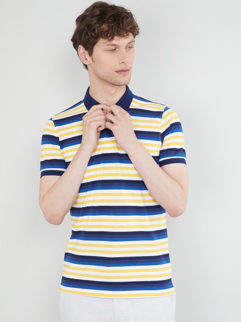 

max Men Navy Blue & Yellow Striped Polo Collar T-shirt