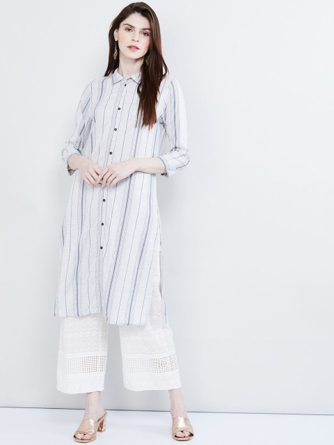 

max Women White & Grey Striped Straight Kurta