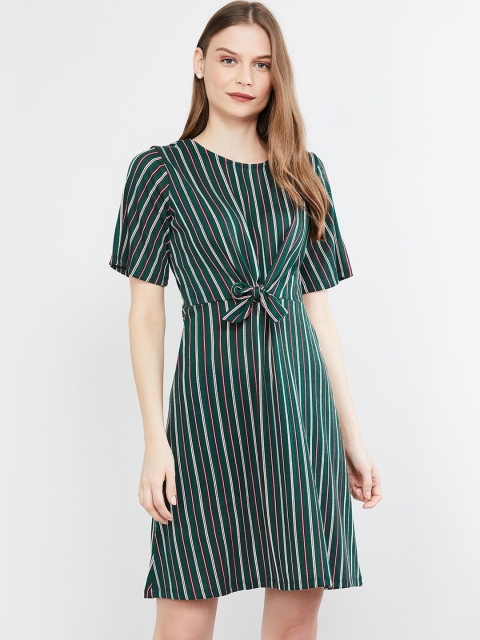 

max Women Green Striped Fit and Flare Dress