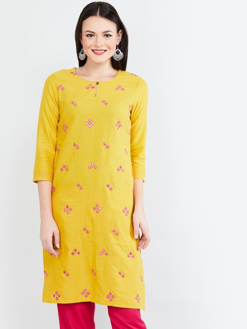 

max Women Mustard Yellow & Pink Mirror Embellished Straight Kurta