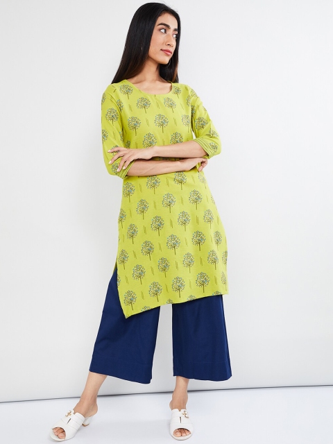 

max Women Lime Green & Blue Floral Print Straight Kurta