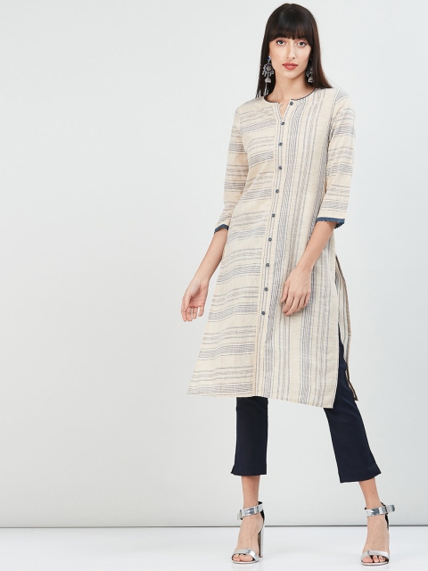 

max Women Off-White & Blue Striped Straight Kurta