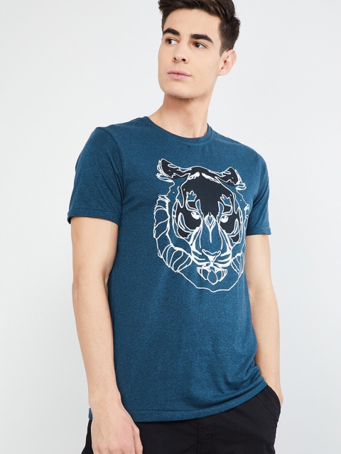 

max Men Blue Slim Fit Printed Round Neck T-shirt