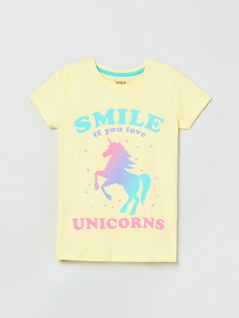 

max Girls Yellow Printed Round Neck T-shirt