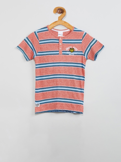 

max Boys Coral Pink & Blue Striped Henley Neck T-shirt