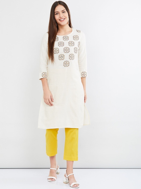 

max Women Off-White & Blue Embroidered Straight Kurta