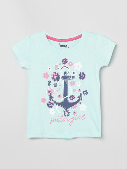 

max Girls Blue & Grey Printed Round Neck T-shirt