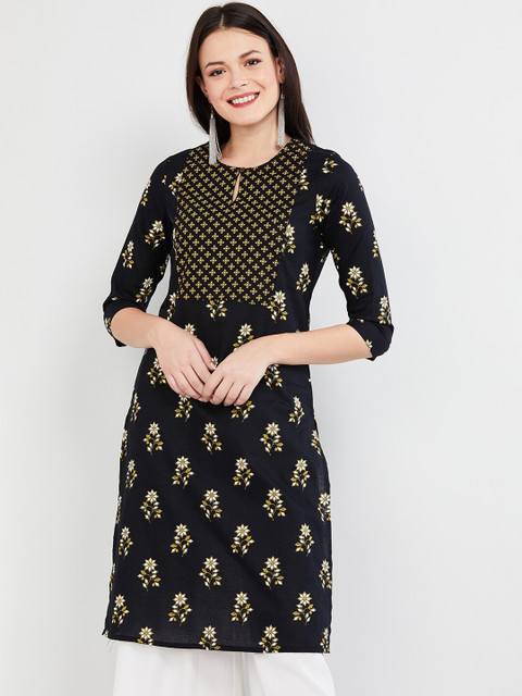 

max Women Black & Yellow Printed Straight Kurta