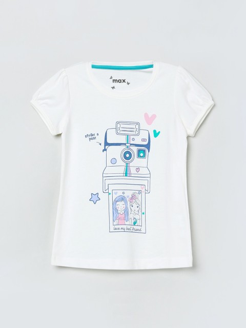 

max Girls Off-White Printed Round Neck Pure Cotton T-shirt