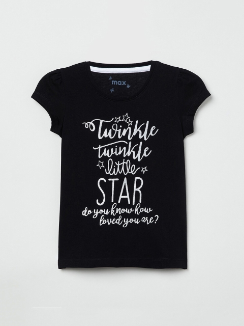 max Girls Black Printed Round Neck T-shirt