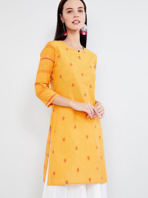 

max Women Mustard Yellow & Pink Embroidered Straight Kurta