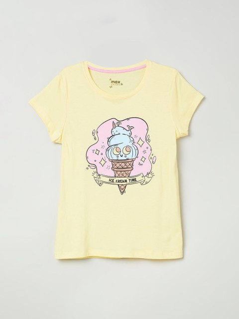

max Girls Yellow Printed Round Neck T-shirt