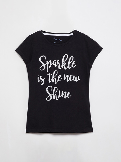 

max Girls Black Printed Round Neck T-shirt