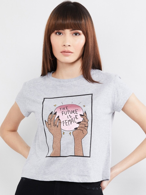 

max Women Grey Printed Round Neck T-shirt