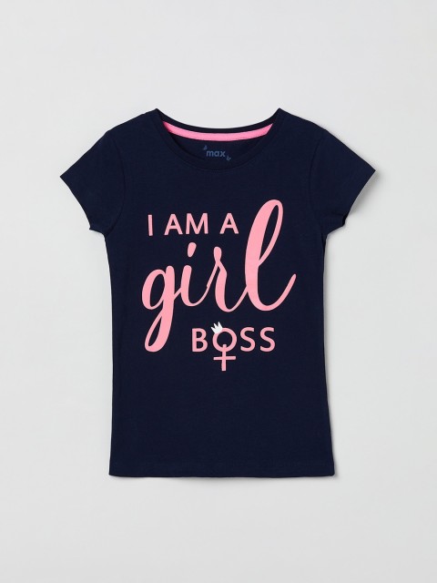 

max Girls Navy Blue & Pink Printed Round Neck T-shirt