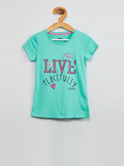 

max Girls Sea Green & Pink Printed Round Neck T-shirt