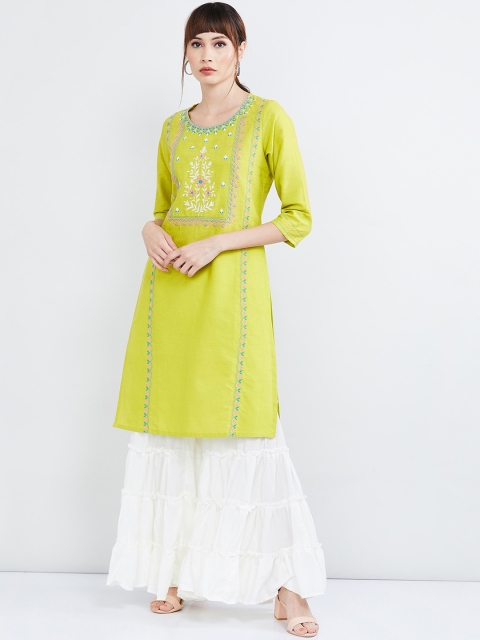 

max Women Lime Green & White Floral Embroidered Straight Kurta