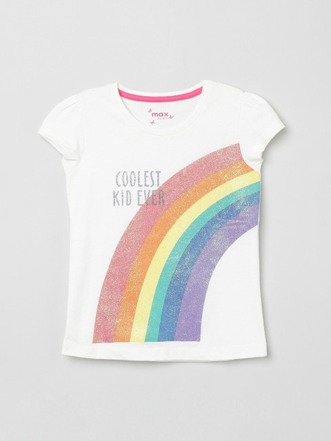 

max Girls Off-White & White Printed Round Neck T-shirt