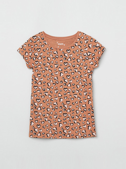 

max Girls Brown Printed Round Neck T-shirt