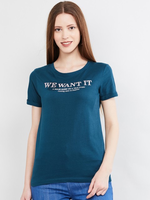 

max Women Teal Blue Printed Round Neck T-shirt