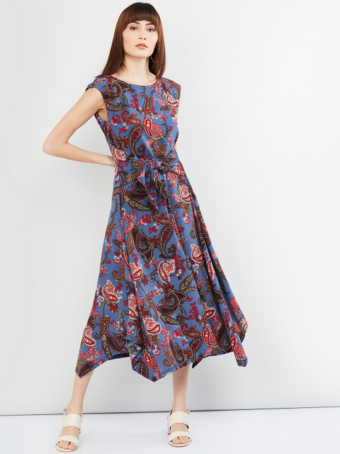 

max Women Blue & Pink Printed Fit and Flare Dress