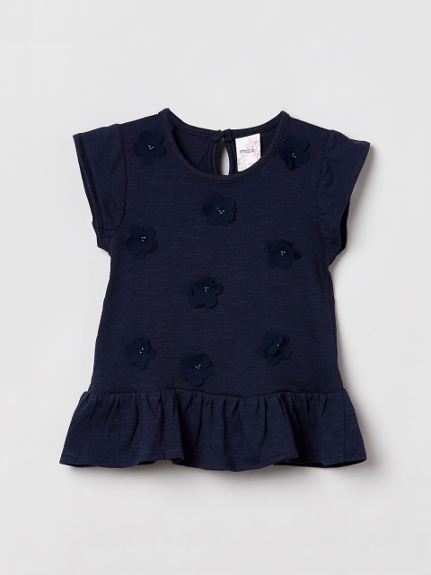 max Girls Navy Blue Floral Applique Peplum Pure Cotton Top