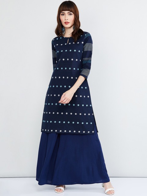 

max Women Navy Blue & White Printed Straight Kurta