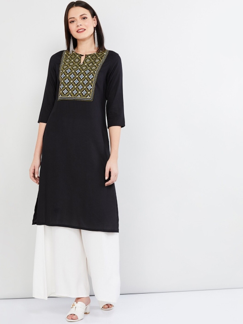 

max Women Black & Green Yoke Design Straight Kurta