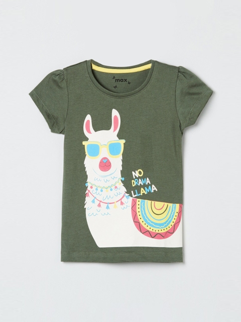 

max Girls Green & Off-White Printed Round Neck T-shirt