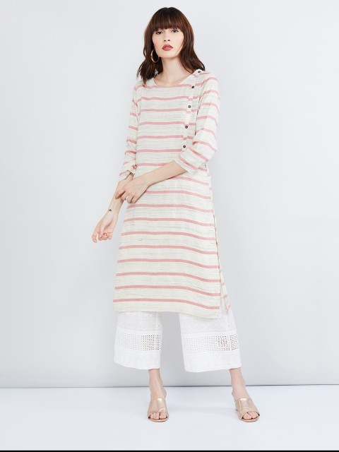 

max Women Pink & Off-White Striped Straight Kurta