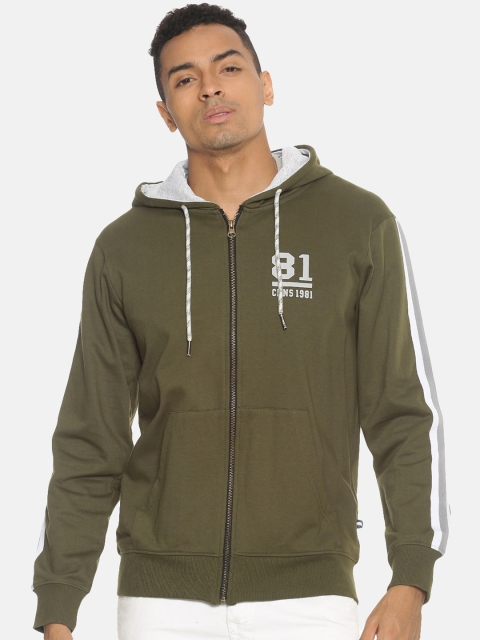 

Chennis Men Olive Green Solid Hooded Sweatshirt