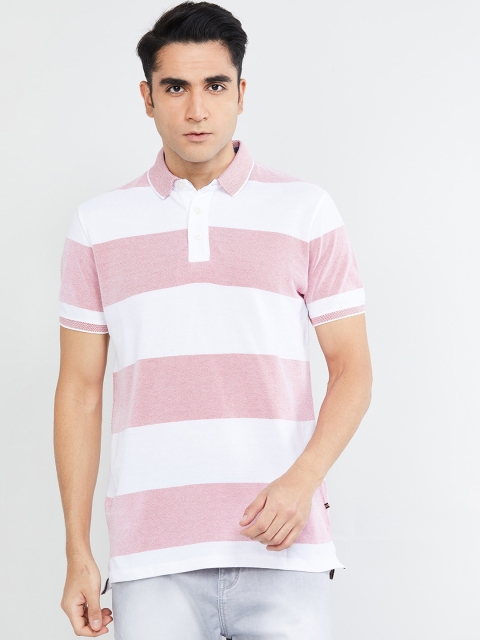 

max Men Pink & White Striped Polo Collar T-shirt