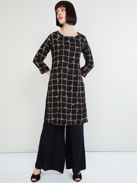 

max Women Black Checked Straight Kurta