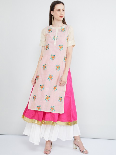 

max Women Off-White & Pink Embroidered A-Line Layered Chanderi Cotton Kurta