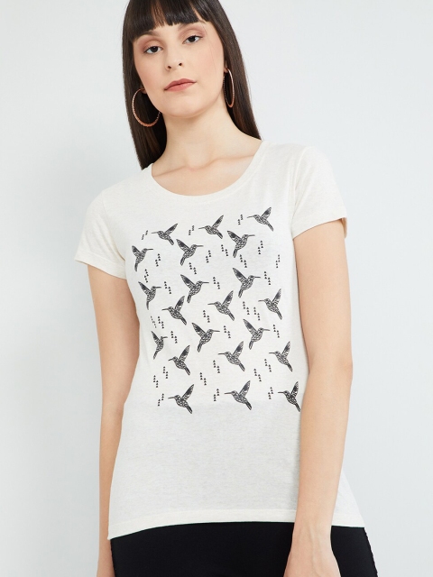 

max Women Beige Printed Round Neck T-shirt