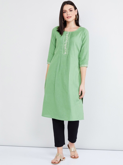 

max Women Green & White Yoke Design A-Line Kurta