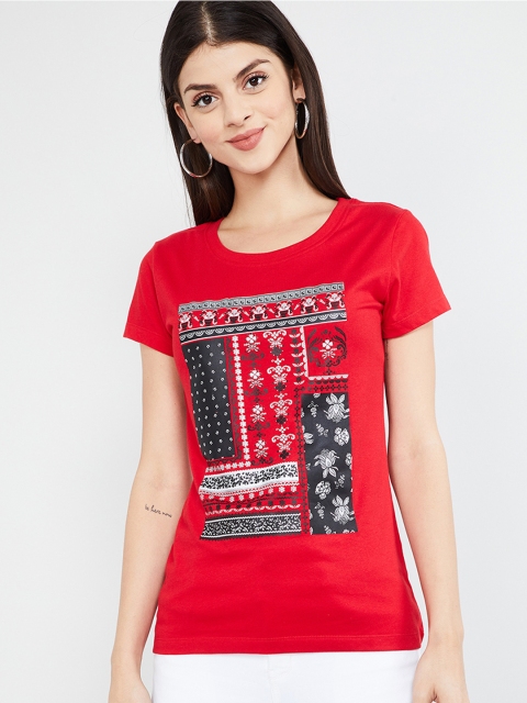 

max Women Red Printed Round Neck T-shirt