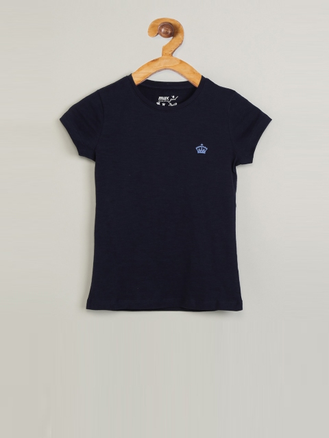 

max Girls Navy Blue Solid Round Neck T-shirt