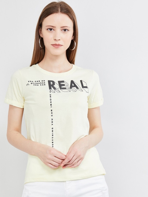 

max Women Yellow Printed Round Neck T-shirt