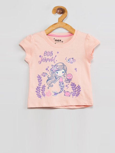 

max Girls Peach-Coloured & Purple Printed Round Neck T-shirt