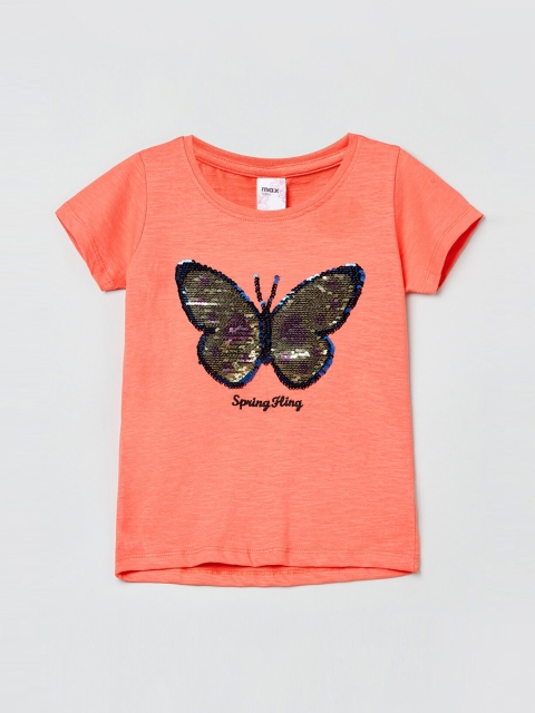 

max Girls Orange & Silver-Coloured Sequin Embellished Round Neck T-shirt