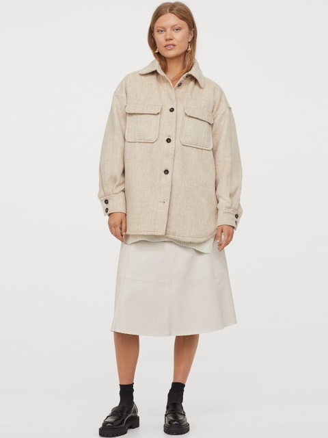

H&M Women Beige Solid Wool-Blend Shacket